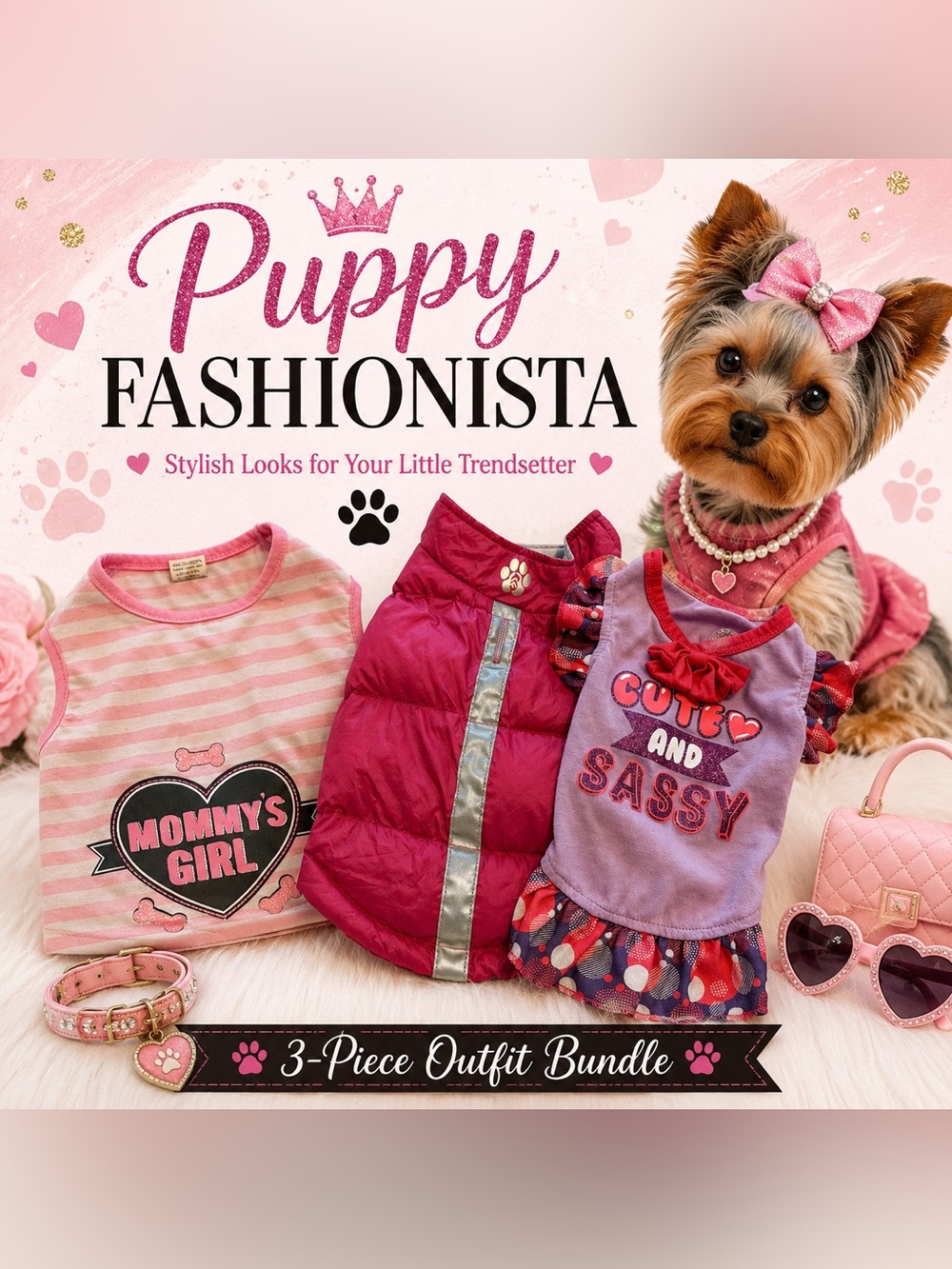 Small Dog Clothing Bundle | 3-Piece Pink Outfit Set | puffer vest, tank & dress